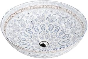 LAVITA Lavabo à poser Folklor, rond, sans trop-plein ni trou de robinet, en porcelaine de qualité supérieure, moderne, pour salle de bain, en céramique, 40 x 40 x 13,5 cm, blanc/bleu