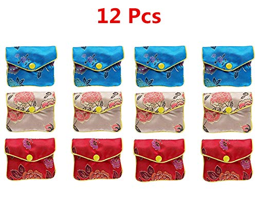 12 Pcs Chinese Style Traditional Silk Embroidery Brocade Pouchs,7 * 8 Cm Rectangular Womens Jewellery Gift Bag,With Buttons and Zipper Purse~Red,Yellow,Blue