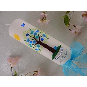 Taufkerze verziert Lebensbaum Blumen Schmetterlinge Sonne Taufkerzen Junge Mädchen 250/70 mm inkl. Beschriftung und Schleife