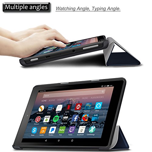 Amazon Fire 7-Hülle (7-Zoll-Tablet, 7. Generation – 2017) – Infiland Ultra Dünn Tri-Fold Muschel PU Leder Ultra Schlank Superleicht Ständer Shell Cover Schutzhülle Etui Tasche für Das neue Fire 7 (2017), 17,7 cm (7 Zoll) Display Tablet(Dunkleblau) - 3