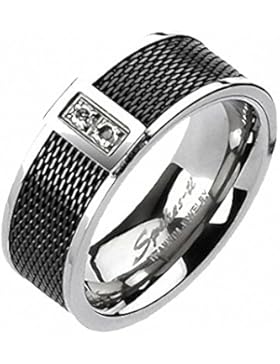 Titan Ring - Schwarz mit Netzstruktur und 2 Strasssteinen, Bandring 8 mm breit (Größe frei wählbar)