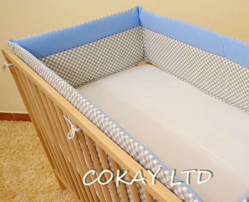NURSERY BUMPER 420cm LONG ALL ROUND BUMPER TO FIT BABY COT BED (Blue/Grey)