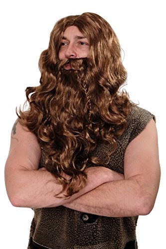 WIG ME UP ® - WIG007-P8 Peluca y Barba Carnaval Halloween Vikingo Fiera Bárbar marrón claro