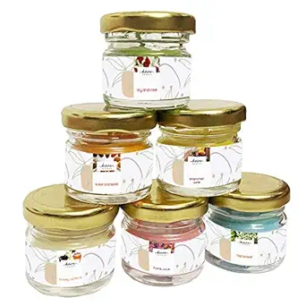 Divine Senses Wax Mini Jar Scented Candles, Pack Of 6 Mini Jar, Cinnamon & Wine, Honey Vanilla, Rose & Lily, Floral Love, Sugar & Spice, Harsingar