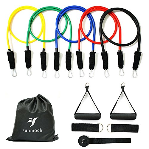 [Updated Version] Sunmoch Resistance Bands Set-5 Widerstandsbänder aus Latex + Griffe, Türanker & Fußschlaufen - Ganz-Körper-Workout Fitnessbänder für Heimfitness / Reisen Fitness / Muskel