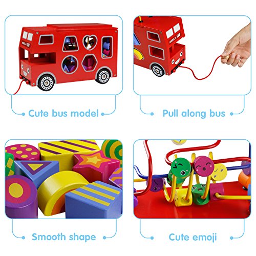 Wooden Bus, Red Bus Toy, Kids Bus, Bus Sorter, 4 in 1 Wooden Shapes Sorter Pull Along Toy for Children Aged 3 4 5 6