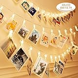 Guirlande Lumineuse Photo, Zorara Guirlande Led 6M 40LED, Guirlande Porte Photo mural, Porte Photo Pince pour Mémos Photo, Fête, Décoration, Mariage (Blanc chaude)