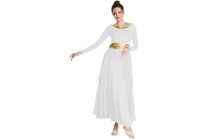 REXREII Women Praise Dance Robe Metallic Waistband Long Sleeve Liturgical Worship Dress Chiffon Skirt Lyrical Costume