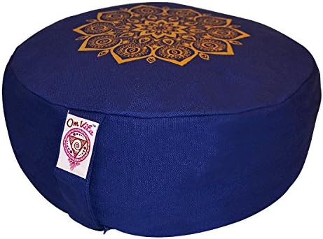 Zafu Yoga Meditation Cushion with Washable Cover by Om Vita with 100% Organic Buckwheat Fill and Hand Designed Mandala Applique (Navy Print)