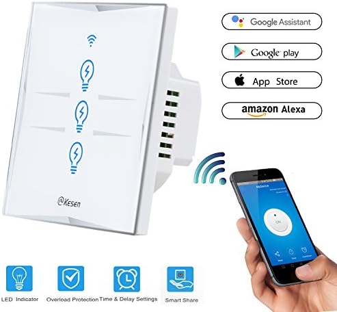 Wifi Smart Light Switch 3 Gang, Wireless Echo Remote Wall Light Switch Work with Alexa and Google Home, Tempered Glass Panel Touch Sensitive, Timing Function, Overload Protection, No Hub Required