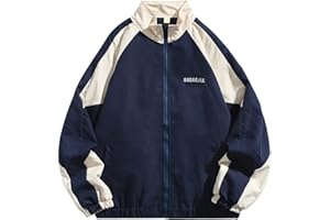 Minetom Damen Patchwork Farbblock Oversize Hip Hop Jacke Teenager Mädchen Mantel Sport Übergangsjacke Windbreaker College Jacke Sweatjacke