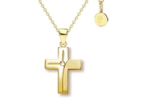 Amoonic Kreuz Kette Mädchen Gold (Silber 925 vergoldet) | Kreuz-Anhänger Halskette | Kinder-Schmuck Erst-Kommunion Tauf-Geschenk Konfirmation Firmung Geburt Taufe | Goldkette Kreuzkette Taufkette