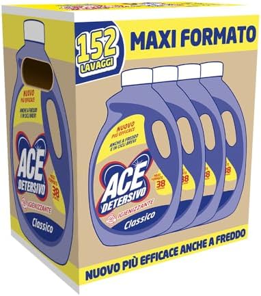 ACE Detersivo Igienizzante Classico – Detersivo Liquido Lavatrice, Rimuove Macchie e Sporco, Igienizza Tessuti, Bucato Pulito e Fresco anche a Freddo, Formula Efficace e Profumo Duraturo, 152 lavaggi
