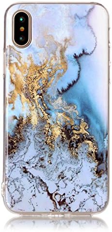 iPhone X / iPhone 10 Marble Case, RAGETORC Slim-Fit Anti-Scratch Shock Proof [Stone Texture Collection] Print TPU Soft Case for iPhone 10 / iPhone X (White + Blue + Gold)