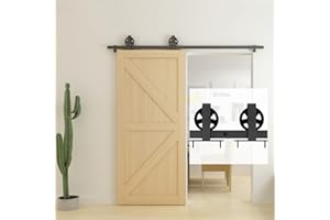 BARNSMITH 6.6FT/ 200CM Ceiling Mount Sliding Door Hardware Kit Heavy Duty Black Carbon Steel Closet Track Kit, Big Wheel Spoke Roller Hanger for Barn Door