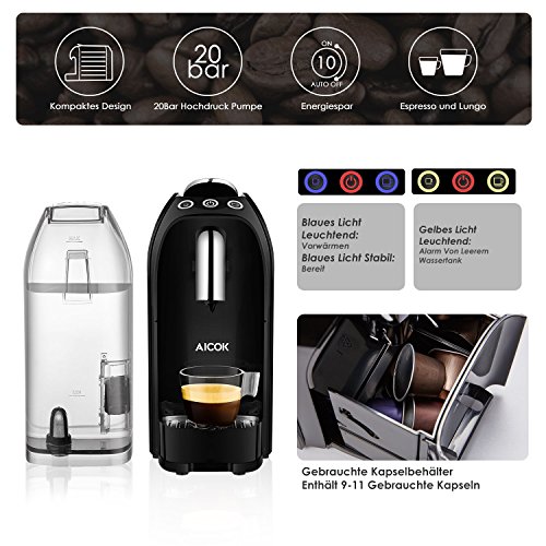 Aicok Cafetera, Nespresso Cafetera, Cafetera de Cápsulas, 20 Bares, Apagado Automático, Inteligente, Botones Programables para Espresso y Lungo, 0,7 L, 1255 W, Rojo y Negro