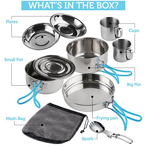 Bramble - Deluxe 10 Stück Camping Kochgeschirr Set, Edelstahl, unglaublich leicht & kompakt, zusammenklappbare Griffe mit einem einzigartigen verschachtelten Design - 5 Jahre Garantie – Bild 6