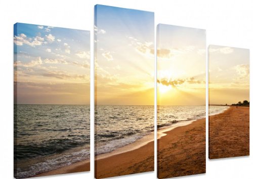 Multi Split Panel Canvas Artwork Art - Beach Sunset Sea Ocean Wave Bly Cloudy Sky Horizon Summer Golden Sand - ART Depot OUTLET - 4 Panel - 101cm x 71cm (40"x28")