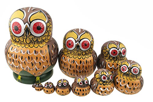 Winterworm Set of 10 Animal Theme Smart Owl Wooden Stacking Toy Nativity Nesting Dolls Handmade Russian Doll Kids Toy Gift