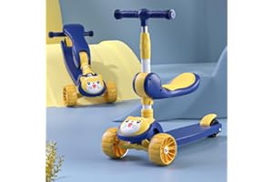 SOBEBEAR Kids Foldable 3 Wheel Scooter, Adjustable Height with LED Flashing Wheels, Removable Seat, Soft Handlebar Grips Ride-On Scooters for Boys & Girls Age 3+ Years