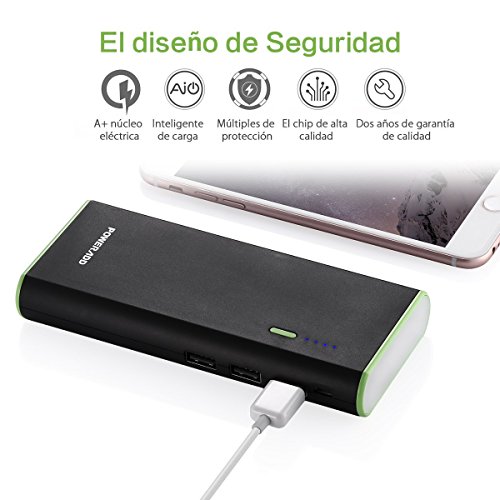 Poweradd Cargador M  vil Port  til Bater  a Externa 10000mAh  3 USB 5V 2A  M  s 2 5A  con la Linterna  Carga r  pida para iPhone 7  iPad  Samsung  M  viles Inteligentes y Tabletas  Negro 