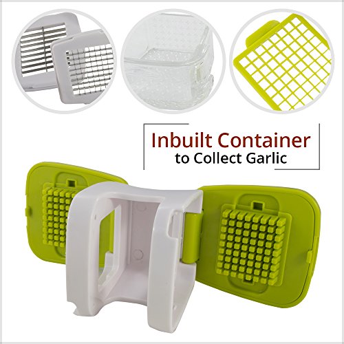 Sujeo Knoblauchpresse mit Edelstahlklingen, inkl. Zubehör, hellgrün, kein Geruch an den Händen, Knoblauchwürfen, 7 cm Würfel - 7