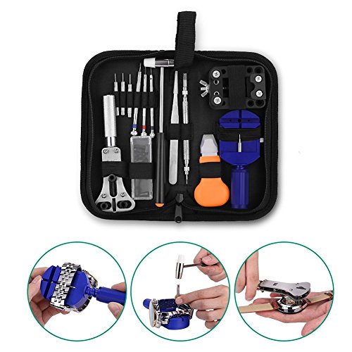 GHB Uhrenwerkzeug 14 pcs Uhrmacherwerkzeug Uhrenöffner Uhr Reparatur Werkzeug Set mit Hammer Tasche