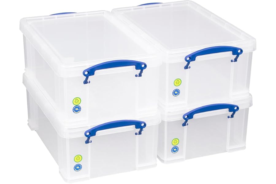 Really Useful Box 9 Litre Plastic Storage Box Clear, Multi-purpose stacking storage, with a lid and clip lock handles, Ideal for home, office, school and arts and crafts storage (Pack of 4)