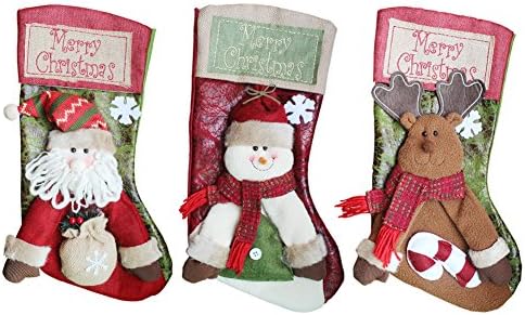Merry Christmas Stockings Set Personalized Decoration Ornament Fireplace Large Size (Santa Snowman and Reindeer, 3 Pack, 18 “) (Red and Green)