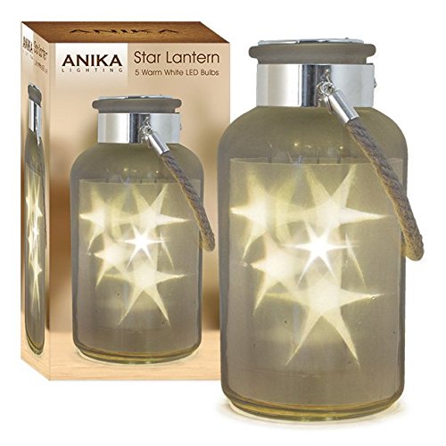 Anika 5 Battery Operated Warm White LED Star Effect Lights Inside Rope Handled Lantern