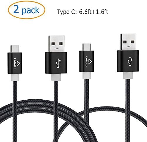 USB Type C Cable [2 Pack], (6.6ft+1.6ft) LANAU Nylon Braided USB-C to USB-A 2.0 Charge Cable for Apple New MacBook, ChromeBook Google PixelL, Samsung Note 8 S8, Nexus, Nokia N1 Tablet &amp; More Black