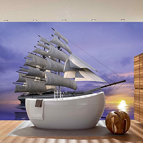 Vlies Fototapete PREMIUM PLUS Wand Foto Tapete Wand Bild Vliestapete – Wasser Meer Segelboot Segelschiff Sonnenuntergang – no. 2835, Größe: 368 x 254 cm Vlies - 7