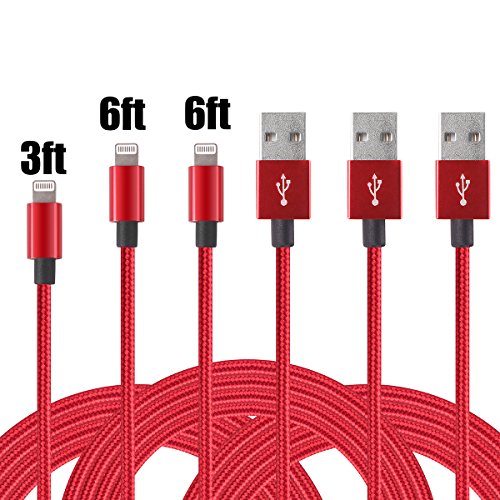 Red Lightning Cable Nylon Braided 3ft 6ft iPhone Charger USB Cable for iPhone 7/ 6 / 6s/ 6 plus/ 6s plus/ 5/ 5s/ 5c/ SE, iPad Pro, iPad Air, iPad Mini (3 pack)