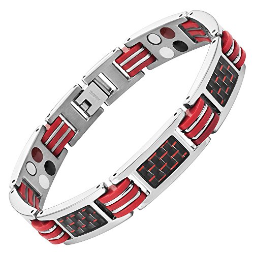 Willis Judd  Braccialetto magnetico in titanio rosso, quattro elementi, con fibra di carbonio rosso con attrezzo per la rimozione e confezione regalo