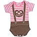 Produktbild Baby-Body Lederhose Spatzerl Kurzarmbody für Mädchen, gestreift mit Hosenträgern und Breze, ein originelles Geschenk zur Geburt