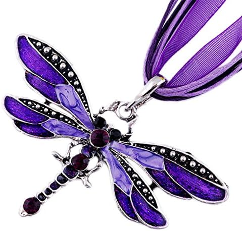 MFINHOME Fashion Rhinestone Inlay Gem Tone Purple Dragonfly Pendant Necklace With Chain Color