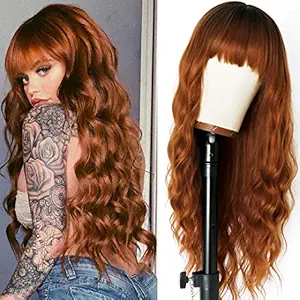EVLYNN Wigs With Bangs Ombre Blonde Brown Wig Heat Resistant Synthetic Fiber Hair Long loose Curly Wavy Glueless Wig Full Machine None Lace Front Wigs