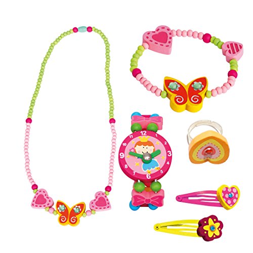 Bino 4 TLG. Set Holzschmuck Mädchenschmuck Kinderschmuck Motiv Schmetterling Gelb – Halskette Armband Armbanduhr + 1 Zufallsring