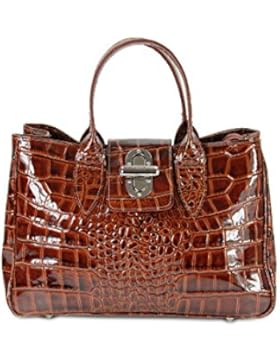 BELLI ital. Echt Leder Handtasche Henkeltasche cognac braun lack Kroko Prägung - 36x25x18 cm (B x H x T)
