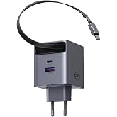 UGREEN 65W Makaralı Dahili Kablolu GaN Hızlı Şarj Cihazı, 2xUSB-C, 1xUSB-A, Gri, 65825
