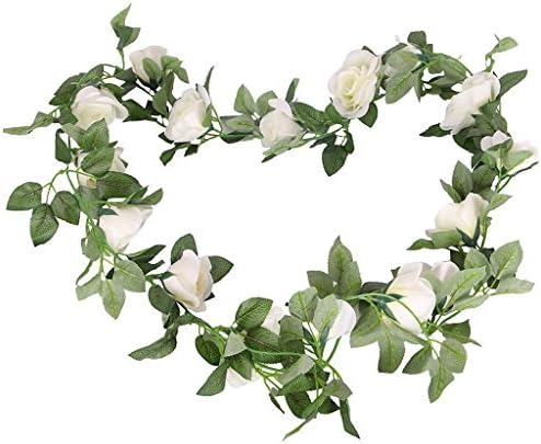 Natural Home Green Artificial Hanging Vine Silk Rose Flowers Garland Home Garden Wall Decoration (White)