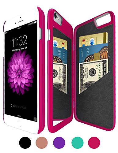 Bidear Étui portefeuille avec coque rigide Avec miroir et 3 fentes pour carte Pour iPhone 6/6s 4,7" Avec film de protection d'écran HD, rose, Apple iPhone 6/6S Plus
