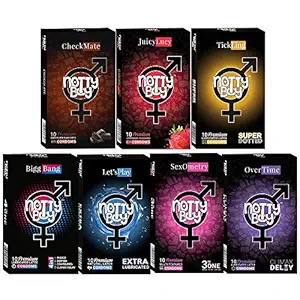 NOTTY BOY Condom Honeymoon Pack - Ribbed, Extra Lubricated, Long Lasting, Dotted, Plain, Pleasure Shape, Strawberry and Chocolate Flavoured Condoms - (7x10s)