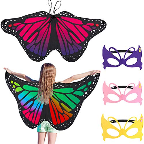 FANTESI 2 Pcs Kids Butterfly Wings, Fairy Butterfly Cape Wings Costume Butterfly Shawl and Mask Pixie Poncho Costume for Boys Girls Dress Up Princess Pretend Play Party Favors
