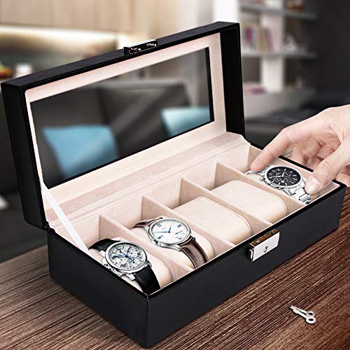 Jago Caja de Relojes con 5 Compartimentos, para Hombre/Mujer | 5 Cojine, 2 Llaves, Protección Óptima | Estuche de Relojes, Caja para 5 Relojes, Organizador de Relojes