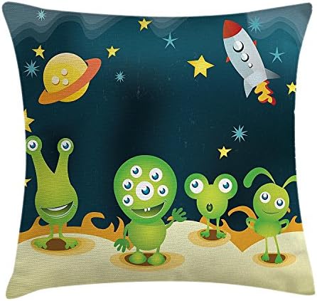 juchenjixie Outer Space Decor Throw Pillow Cushion Cover, Aliens on Mars Surface Galaxy Solar System Objects Orbit Rockets Humor Design, Decorative Square Accent Pillow Case, 18X18 Inches, Multi