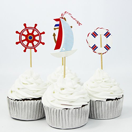 SUNBEAUTY 24er Set Maritime Torte Toppers Kuchendeckel Tortenaufsatz Dekoration Party Feier (24 Stück) (See) - 2