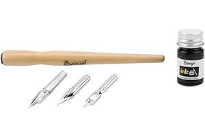 EBOXER Dip - Juego de pluma para bolígrafo de madera, 3 plumas de acero inoxidable diferentes y 1 tinta para dibujo, manga, caligrafía, cómic