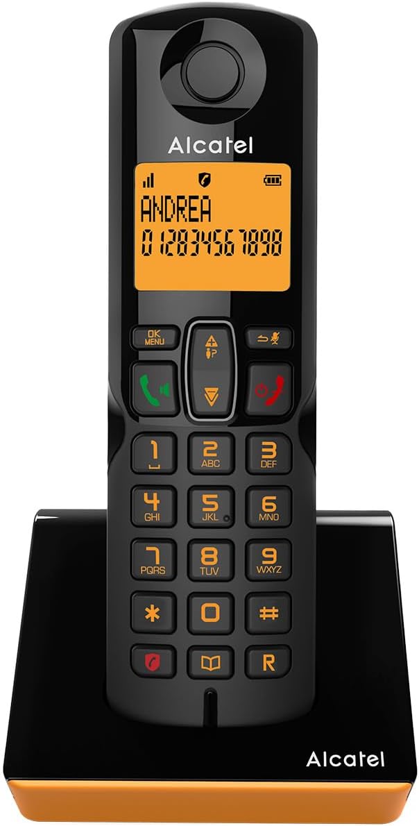 ALCATEL S280 - Teléfono inalámbrico DECT - Diseño Compacto - Pantalla Grande retroiluminada - Manos Libres - Bloqueo de Llamadas - Agenda 50 contactos - Negro/Naranja