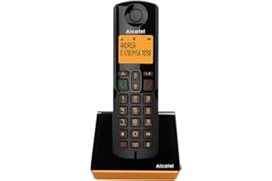 ALCATEL S280 - Teléfono inalámbrico DECT - Diseño Compacto - Pantalla Grande retroiluminada - Manos Libres - Bloqueo de Llamadas - Agenda 50 contactos - Negro/Naranja